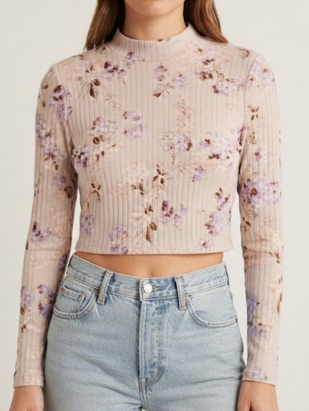 Light Pink & Lavender Cherry Blossom Floral Ribbed Long-Sleeve Crop Top